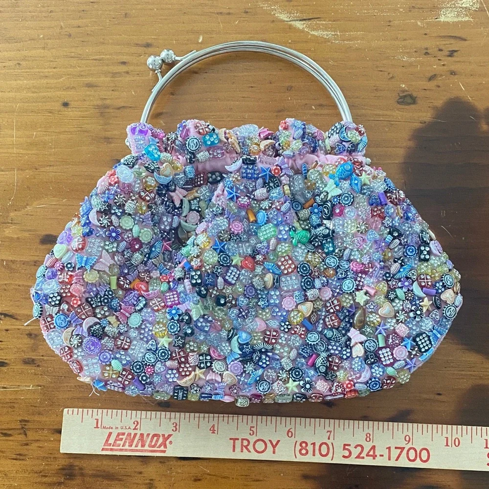 Vintage La Viola fun beaded crossbody handbag kiss closure pink sateen quirky - Picture 6 of 13